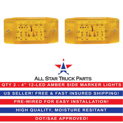 Amber 12 LED Sealed Side Marker Clearance Light Flush Mount Truck Trailer