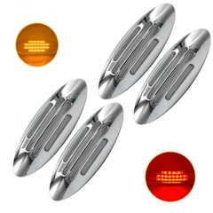 6-3/5 Inch Flatline Oval 24LED Side Marker Clearance Lights Chrome Bezel DOT Approved with Bullet Plug, Front Fender Panel Lights for Semi Trucks, Flush Surface Mount, IP67 Waterproof