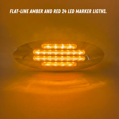 6-3/5 Inch Flatline Oval 24LED Side Marker Clearance Lights Chrome Bezel DOT Approved with Bullet Plug, Front Fender Panel Lights for Semi Trucks, Flush Surface Mount, IP67 Waterproof