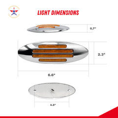 6-3/5 Inch Flatline Oval 24LED Side Marker Clearance Lights Chrome Bezel DOT Approved with Bullet Plug, Front Fender Panel Lights for Semi Trucks, Flush Surface Mount, IP67 Waterproof