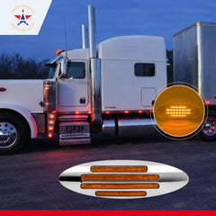 6-3/5 Inch Flatline Oval 24LED Side Marker Clearance Lights Chrome Bezel DOT Approved with Bullet Plug, Front Fender Panel Lights for Semi Trucks, Flush Surface Mount, IP67 Waterproof