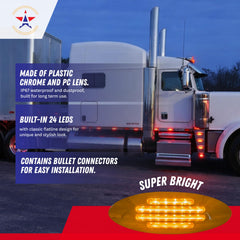 6-3/5 Inch Flatline Oval 24LED Side Marker Clearance Lights Chrome Bezel DOT Approved with Bullet Plug, Front Fender Panel Lights for Semi Trucks, Flush Surface Mount, IP67 Waterproof