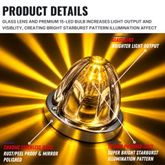 All Star Truck Parts 2Pcs Glass Watermelon Lights Clear Lens Amber LED Side Marker Turn Signal Fender Bumper Air Cleaner Under Glow Lights + Bezel Replacement for Kenworth Peterbilt Freightliner Truck