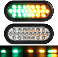 2x 6.5 Inch Oval Amber/Green Strobe Lights 24LED Recessed Quad Flash Patterns for Truck Towing Trailer Lights Lamps, Rubber Grommets + 3-prong Wire Pigtails Included, 10V-30V