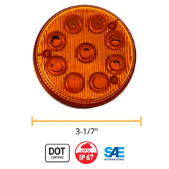 3-1/7" Round LED Light Chrome Side Marker Clearance S/T/T 3 Wire Design 2 Screw Surface Mount 9 LEDs Chrome Base IP 67 for Trailers - Red/Amber