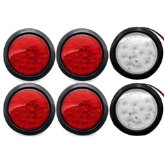 4" Inch White/Red/Amber 12 LED Round Stop/Turn/Tail/Reverse/Backup/Mid Turn/Signal Trailer Light Kit with 3 wire Pigtail Plug & Grommet