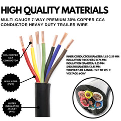 Heavy Duty 14/12/10AWG Multi Guage 7 Way CCA Conductor Wire RV Trailer Tow Campers Cable Cord Insulated Stranded Copper Clad Aluminum Conductor Color Coded DOT SAE Approved 14/4 10/2 12/1