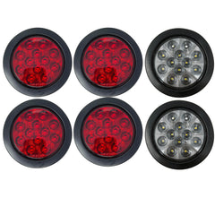 4" Inch Round 12 LED Red/White Trailer Tail Lights Kit Round Led Stop Turn Tail Back-up Reverse Fog Lights Reflective Lens Grommet 3-Prong Wire Pigtails for Truck Trailer RV 12V