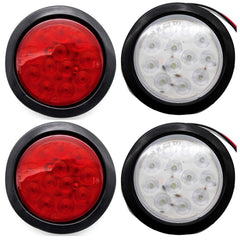 4" Inch White/Red/Amber 12 LED Round Stop/Turn/Tail/Reverse/Backup/Mid Turn/Signal Trailer Light Kit with 3 wire Pigtail Plug & Grommet