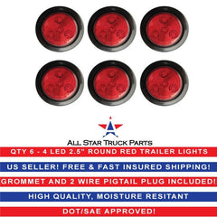 All Star Truck Parts 4x Red 2.5" Round 4 LED Side Marker Clearance Lights Grommet Flush Mount, IP67 Waterproof DOT SAE FMVSS 108