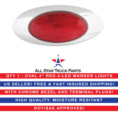 4-1/8" Amber/Red Led Side Marker Lights 4 LED Chrome Surface Mount with Bullet Plugs Waterproof Peterbilt Kenworth Freightliner Volvo Led Cab Panel Marker Lights Lites Sealed