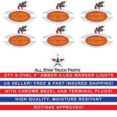 4-1/8" Amber/Red Led Side Marker Lights 4 LED Chrome Surface Mount with Bullet Plugs Waterproof Peterbilt Kenworth Freightliner Volvo Led Cab Panel Marker Lights Lites Sealed