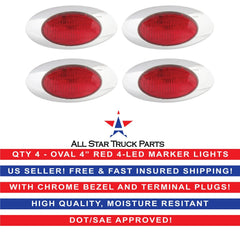 4-1/8" Amber/Red Led Side Marker Lights 4 LED Chrome Surface Mount with Bullet Plugs Waterproof Peterbilt Kenworth Freightliner Volvo Led Cab Panel Marker Lights Lites Sealed
