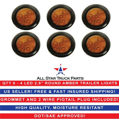 All Star Truck Parts 4x Red 2.5" Round 4 LED Side Marker Clearance Lights Grommet Flush Mount, IP67 Waterproof DOT SAE FMVSS 108