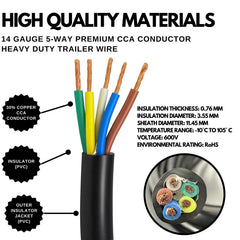 5 Way Trailer Wire Heavy Duty 14 AWG/Gauge CCA 5 Conductor Wire RV Trailer Tow Campers Cable Cord Insulated Stranded Copper Clad Aluminum Conductor Flexible Color-Coded DOT SAE Approved 25/50/100 FT