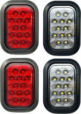 5x3 Red/White Rectangle Light 12 LED Stop/Turn/Tail Backup/Reverse Tow Truck Semi Trailer CM Flatbed Reading Postal Hitch Mounted RV Bus Grommet 3 Wire Pigtail Plug Kit 12V IP67