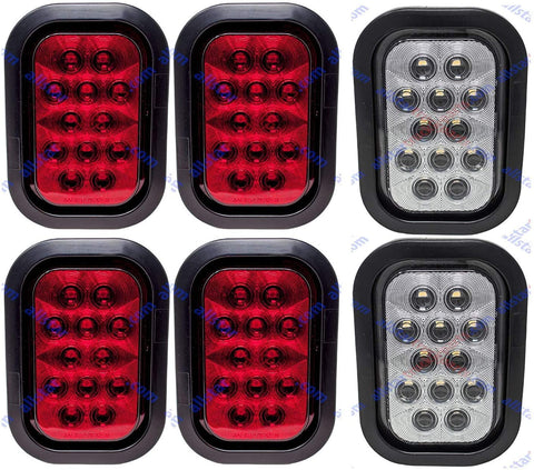 5x3" 4x Red 2xWhite Rectangle 12 LED Stop/Turn/Tail Truck Light Grommet Wire Kit