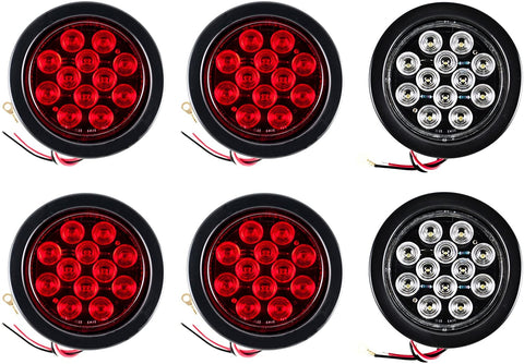 4" Inch 12 LED Round Stop/Backup/Reverse Truck Tail Light Kit - 4 Red + 2 White
