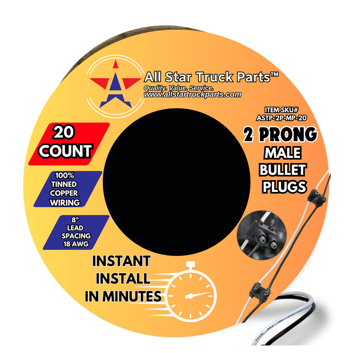 All Star Truck Parts Double Male Bullet Plugs 2 Prong Continuous Wire Harness Roll for Side Clearance Marker Light,150 Male Plugs, 8" Lead Between Plugs, 100% Tinned Copper Wiring, 18AWG, Weatherproof