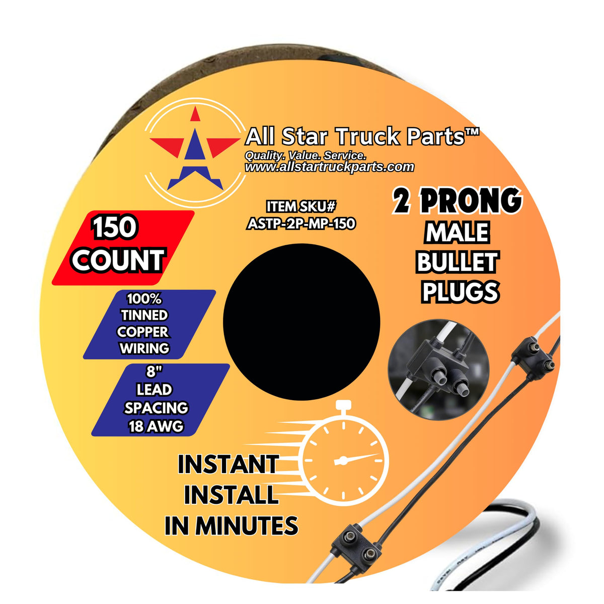 All Star Truck Parts Double Male Bullet Plugs 2 Prong Continuous Wire Harness Roll for Side Clearance Marker Light,150 Male Plugs, 8" Lead Between Plugs, 100% Tinned Copper Wiring, 18AWG, Weatherproof