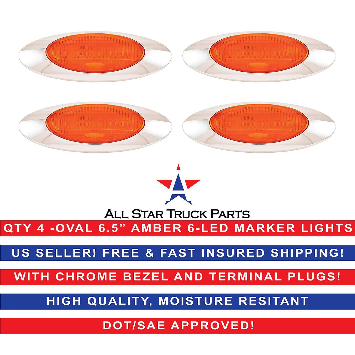 6.5" Oval Side Marker Light 6 LED Amber Chrome Bezel Freightliner Trailer