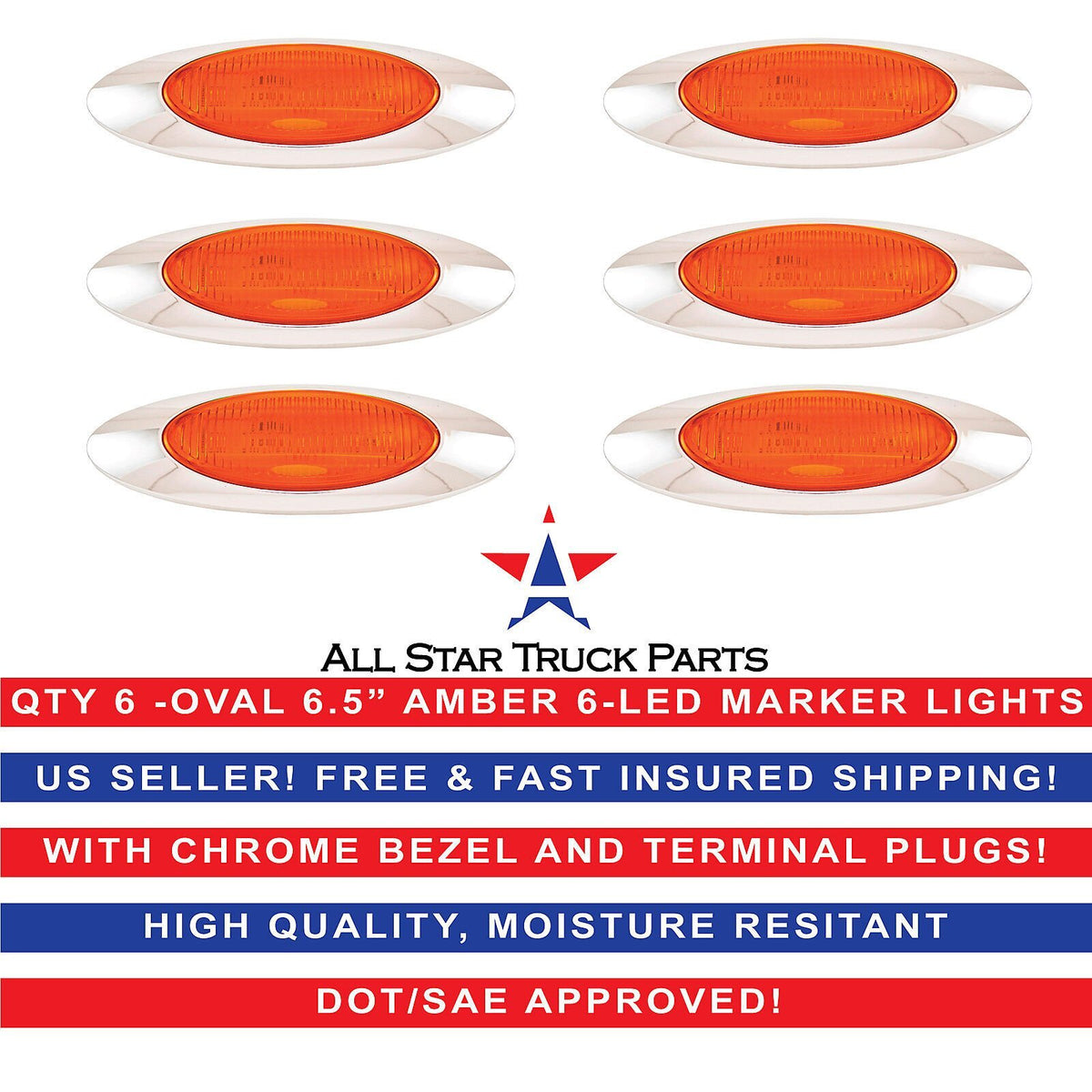 6.5" Oval Side Marker Light 6 LED Amber Chrome Bezel Freightliner Trailer