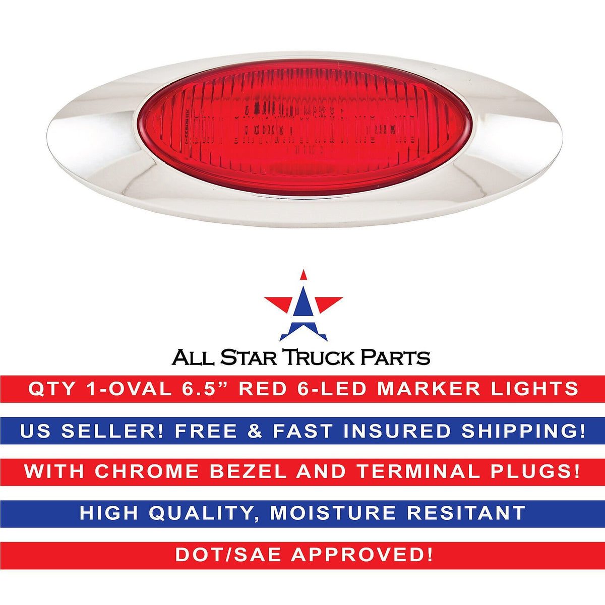 6.5" Oval Side Marker Light 6 LED Amber Chrome Bezel Freightliner Trailer