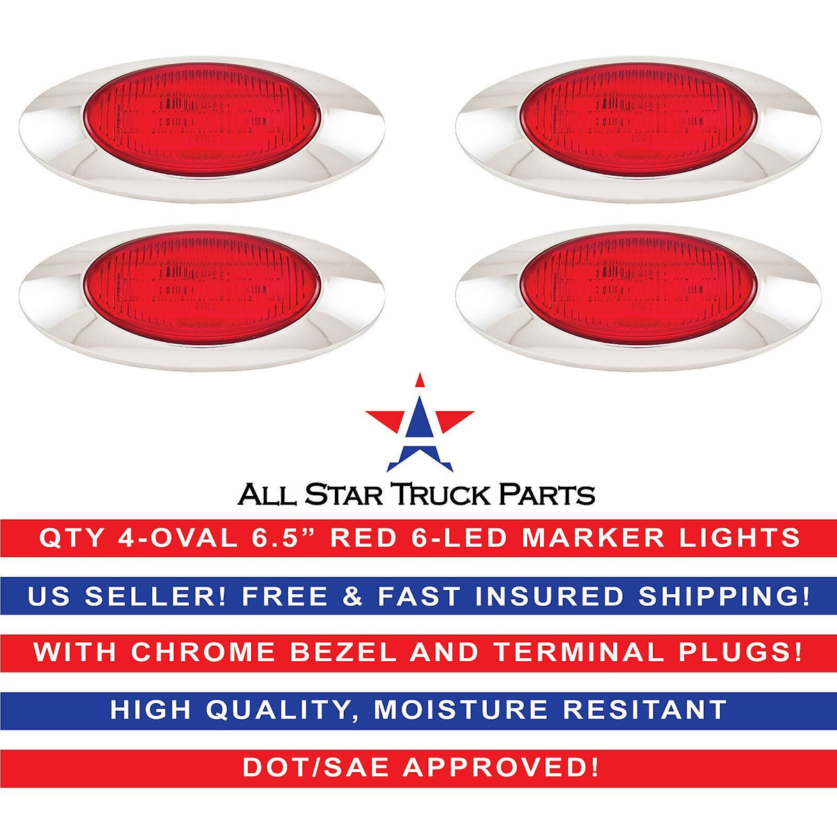 6.5" Oval Side Marker Light 6 LED Amber Chrome Bezel Freightliner Trailer