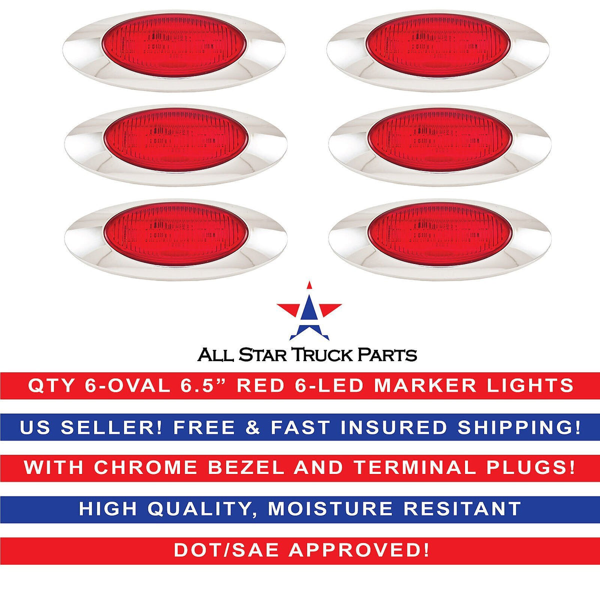 6.5" Oval Side Marker Light 6 LED Amber Chrome Bezel Freightliner Trailer