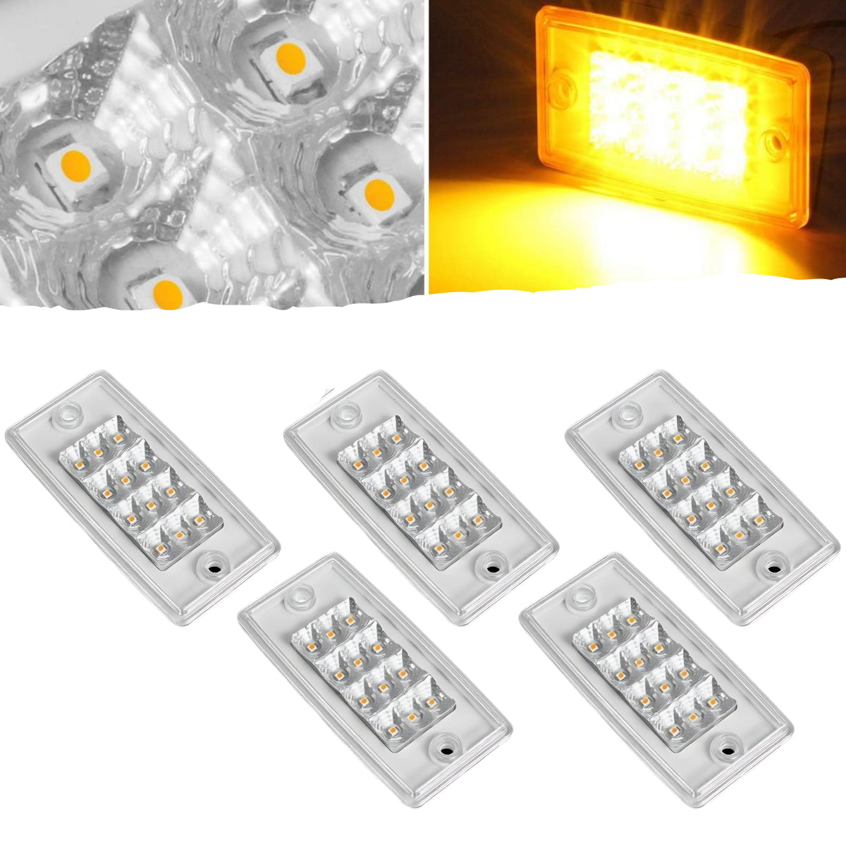 Amber Cab Marker Lights 12 LED Top Roof Running Rectangle Cab Lights LED Reflectors Compatible with Freightliner Century/Columbia Roof Cab Marker Clearance Lights Sealed Waterproof 12V (Amber/Clear Lens)