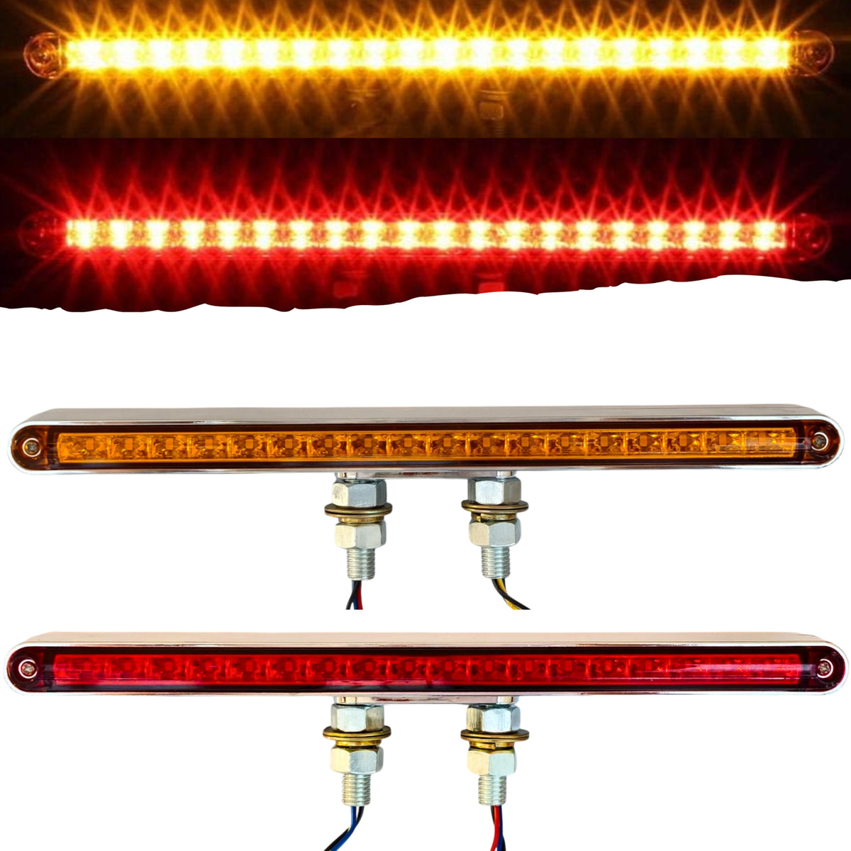2x 12" Red/Amber LED Double Face Truck Semi Trailer Pedestal Single Stud Mount Light Bars 38 LED Waterproof Sealed 4 Function Sequential Flow Turn Signal Stop Tail Strobe Marker Clearance 10-30V