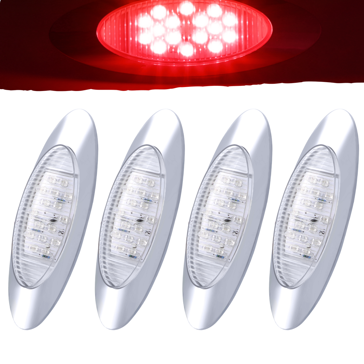 Amber/Red 6.5" Led Marker Light Trucks Oval 16 LED Side Marker Turn Signal Clearance Lights Chrome Bezel Surface Mount Replacement Peterbilt Kenworth Freightliner Trailer 12V