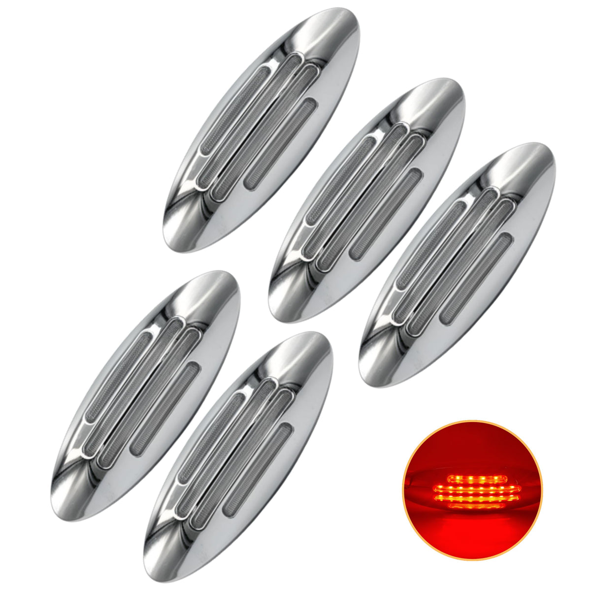 6-3/5 Inch Flatline Oval 24LED Side Marker Clearance Lights Chrome Bezel DOT Approved with Bullet Plug, Front Fender Panel Lights for Semi Trucks, Flush Surface Mount, IP67 Waterproof