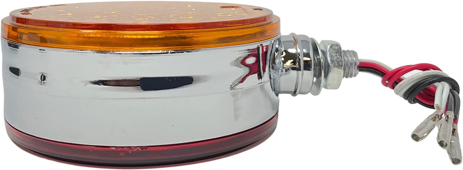2pc Red/Amber 48 LED Round Double Face Chrome Stud Mount Pedestal Fender Stop Turn Tail Light Truck Trailer Peterbilt Freightliner Kenworth Mack Western Star 10-30V