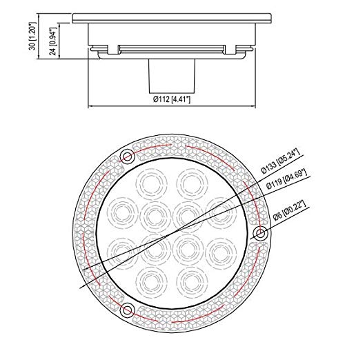 4" Inch Flange Mount Reflective Ring Bezel Red/White 12 LED Round Stop Turn Tail Reverse Backup Tail Trailer Truck Flatbed RV Camper Bus Light Kit with 3 Wire Pigtail Plug 12V