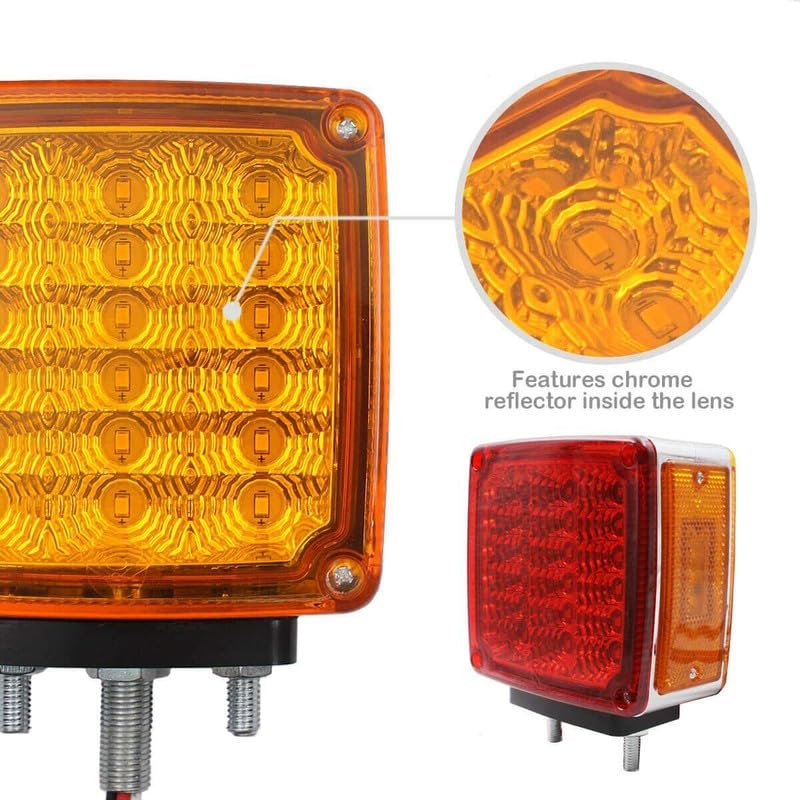 2pc Amber/Red 51 LED Clear Lens Double Face Stud Mount Pedestal Fender Stop Turn Tail Light Heavy Truck Trailer Peterbilt Freightliner Kenworth Mack Western Star Left & Right Side