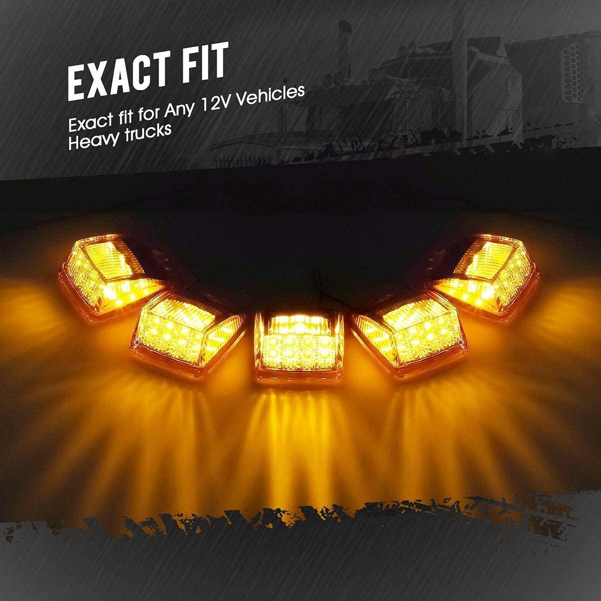 5x Super Bright Amber Yellow 17 LED Cab Marker Top Clearance Roof Lights Assembly Replacement For Semi Truck Trailer Kenworth Peterbilt Freightliner Mack Volvo International DOT
