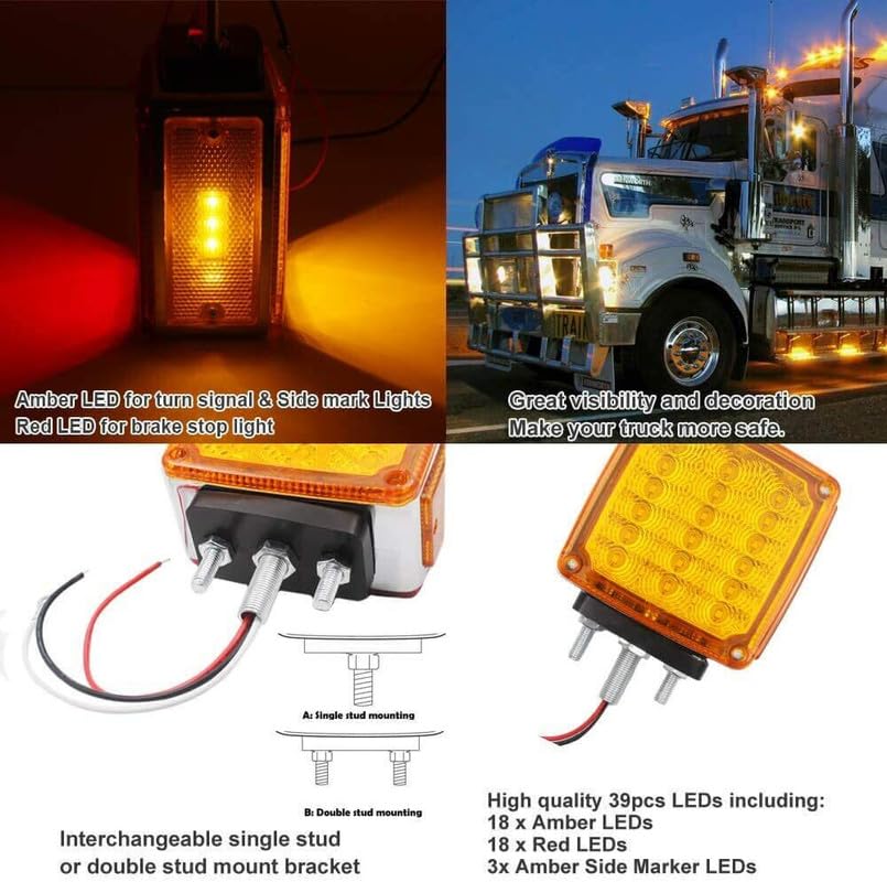 2pc Amber/Red 51 LED Clear Lens Double Face Stud Mount Pedestal Fender Stop Turn Tail Light Heavy Truck Trailer Peterbilt Freightliner Kenworth Mack Western Star Left & Right Side