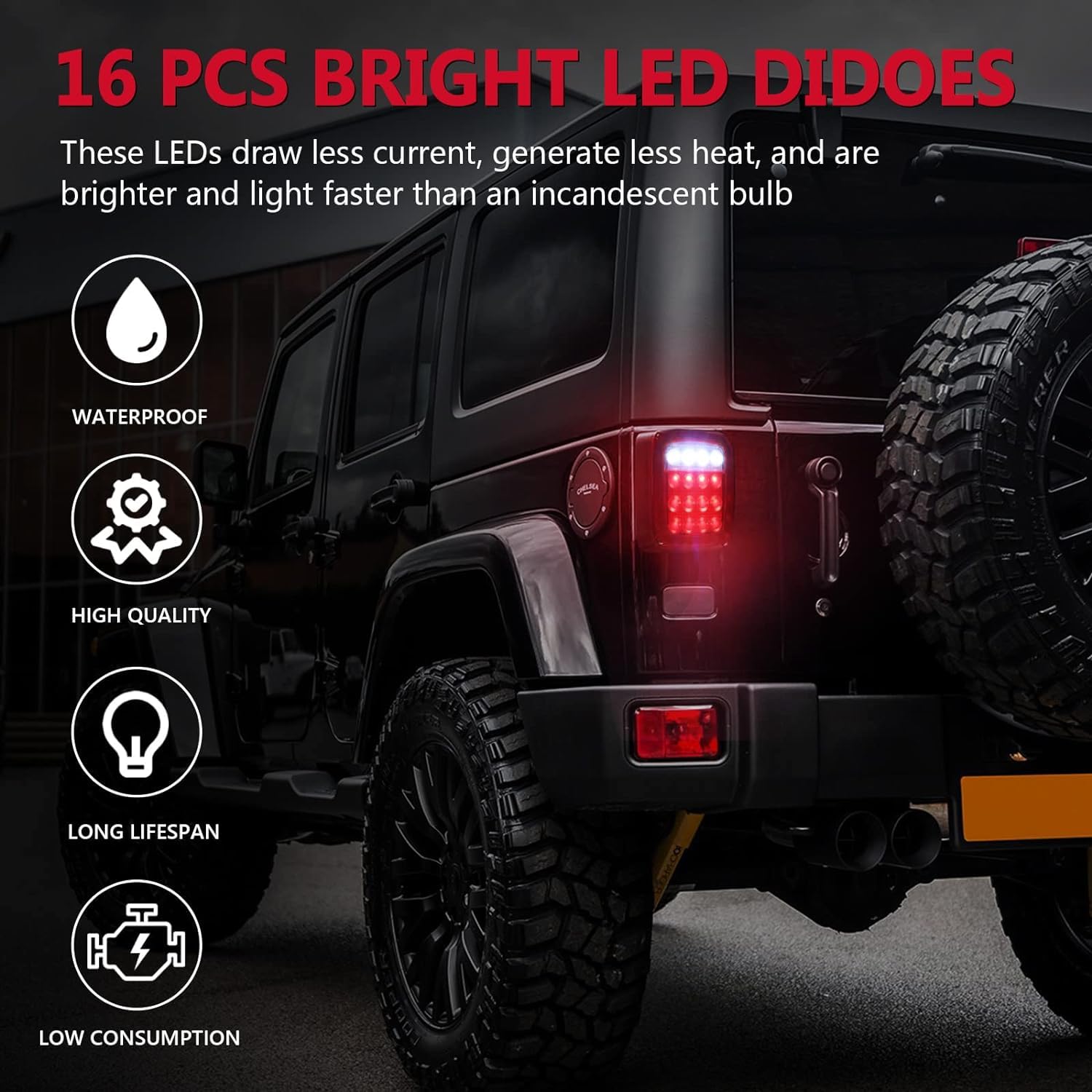 DOT Compliant 16 LED Jeep style Universal Tail Brake Turn Stop Back up Lights for Truck Trailer Boat Jeep etc,12V Stud Mounted Lamps,Pack of 2