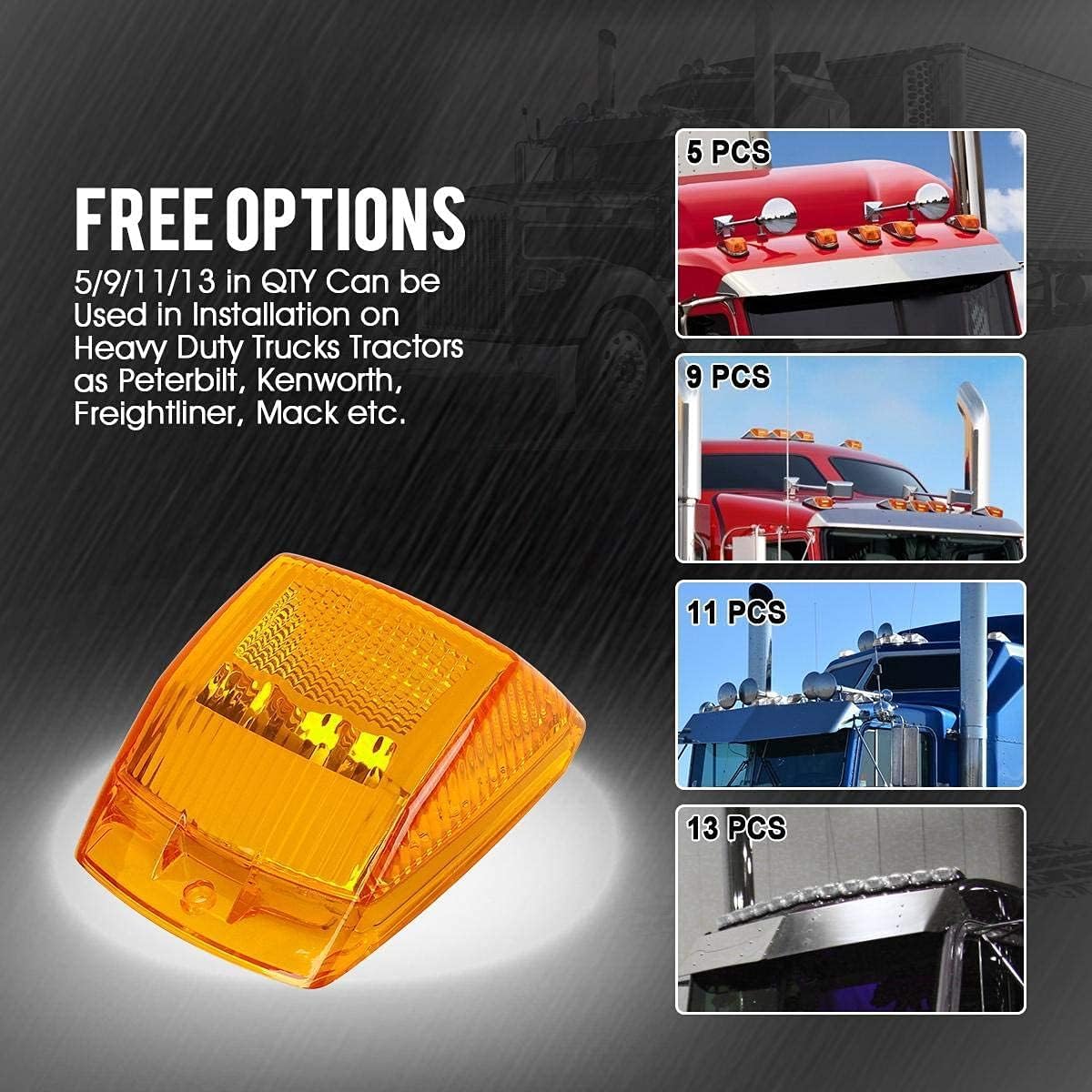 5x Super Bright Amber Yellow 17 LED Cab Marker Top Clearance Roof Lights Assembly Replacement For Semi Truck Trailer Kenworth Peterbilt Freightliner Mack Volvo International DOT
