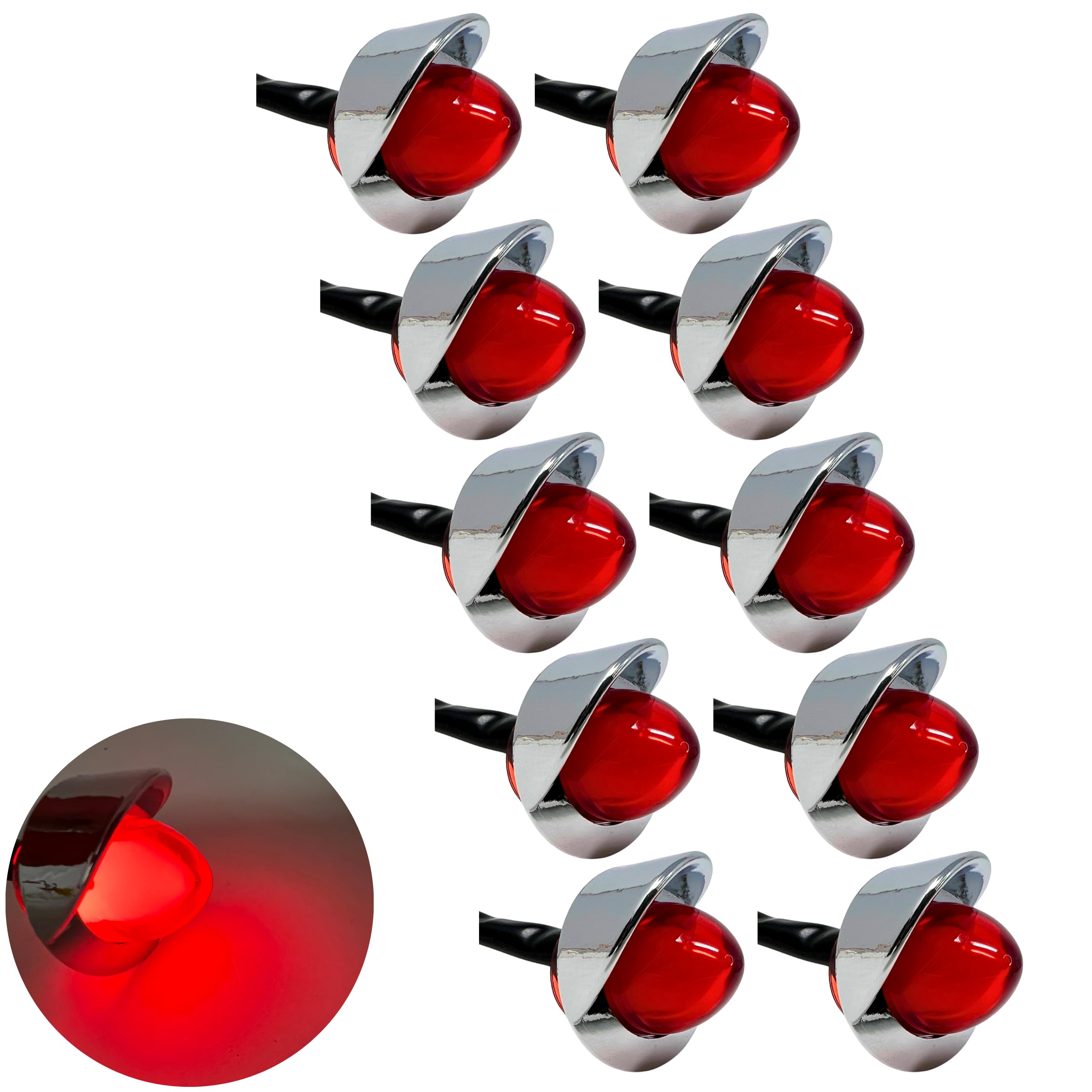 All Star Truck Parts | Mini Watermelon Lights 3/4" Diameter 1-LED GLO Style| 10 Pack | Vingtage Dome Style Lens Chrome Visor Bezel IP65| Freightliner Kenworth Peterbilt Trailer Heavy Trucks