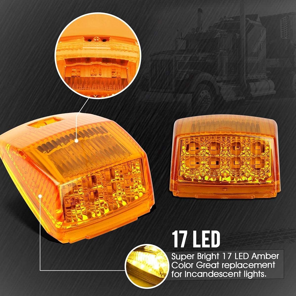 5x Super Bright Amber Yellow 17 LED Cab Marker Top Clearance Roof Lights Assembly Replacement For Semi Truck Trailer Kenworth Peterbilt Freightliner Mack Volvo International DOT
