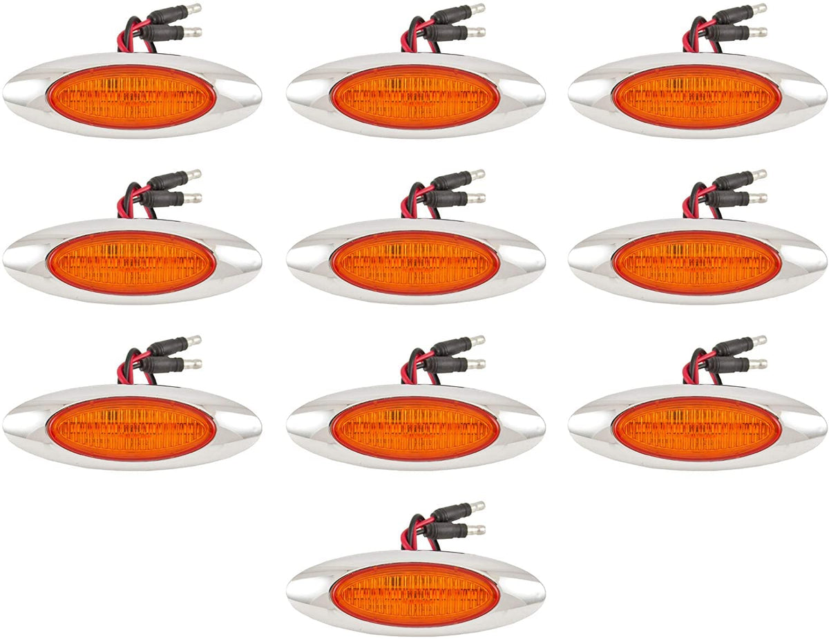 10Pcs 6-5/8" Red/Amber Led Side Marker Lights 6LED Chrome Surface Mount with Bullet Plugs Waterproof Peterbilt Kenworth Freightliner Led Cab Panel Marker Lights Lites Sealed 12V