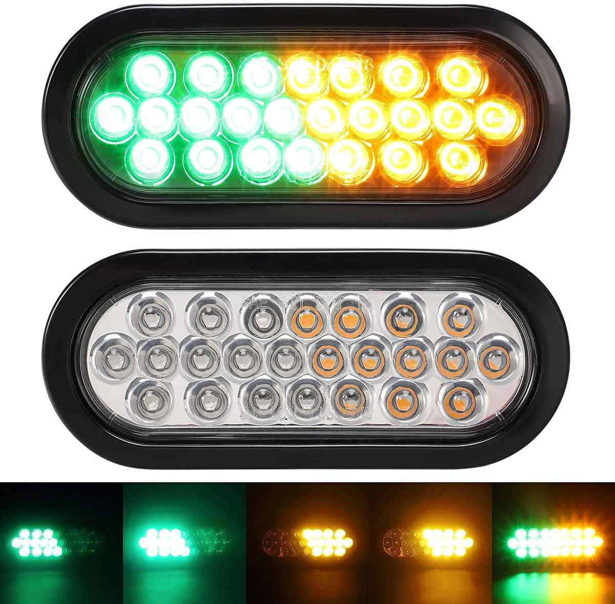 2x 6.5 Inch Oval Amber/Green Strobe Lights 24LED Recessed Quad Flash Patterns for Truck Towing Trailer Lights Lamps, Rubber Grommets + 3-prong Wire Pigtails Included, 10V-30V