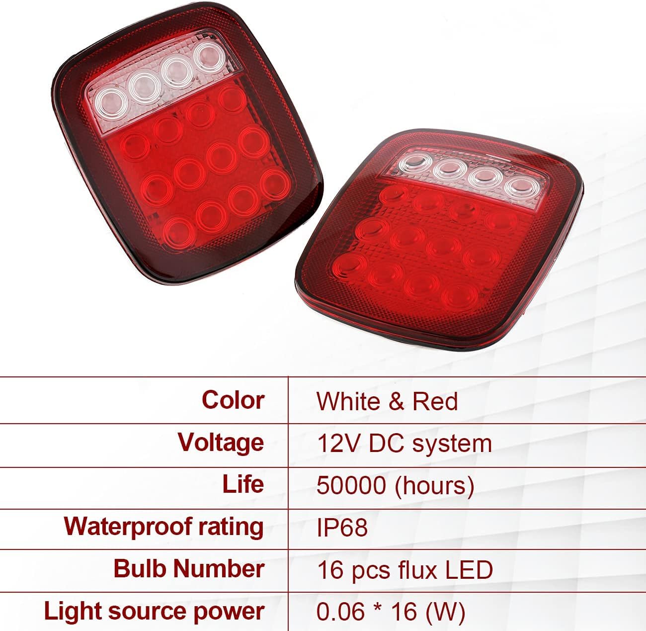 DOT Compliant 16 LED Jeep style Universal Tail Brake Turn Stop Back up Lights for Truck Trailer Boat Jeep etc,12V Stud Mounted Lamps,Pack of 2