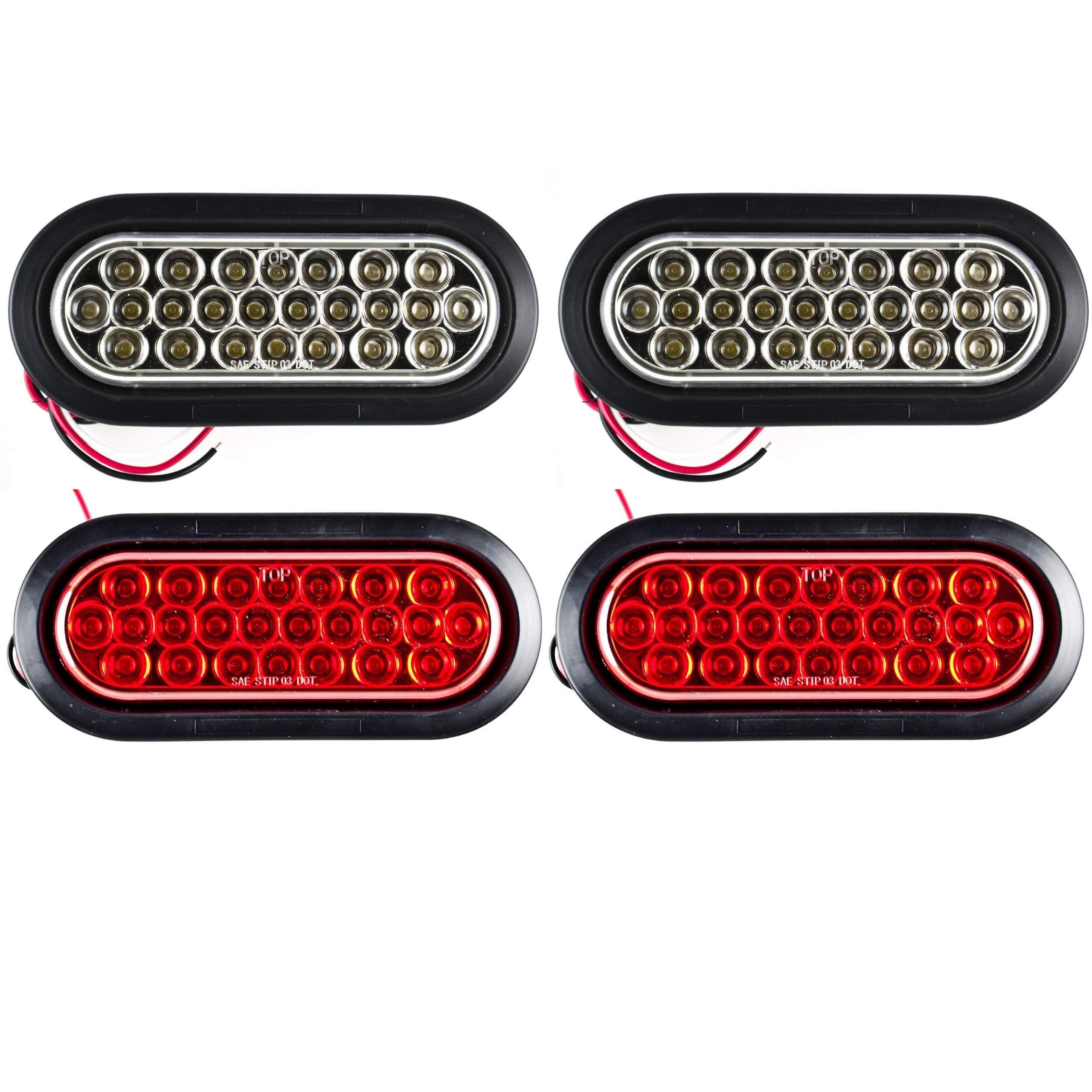 [Red/White/Amber 6" Oval 24 LED Trailer Tail Light Kit [DOT Certified] [with Grommets & Plugs] [IP67 Waterproof] Stop Brake Turn Reverse Back Up Headache Rack Backrack Flatbed RV