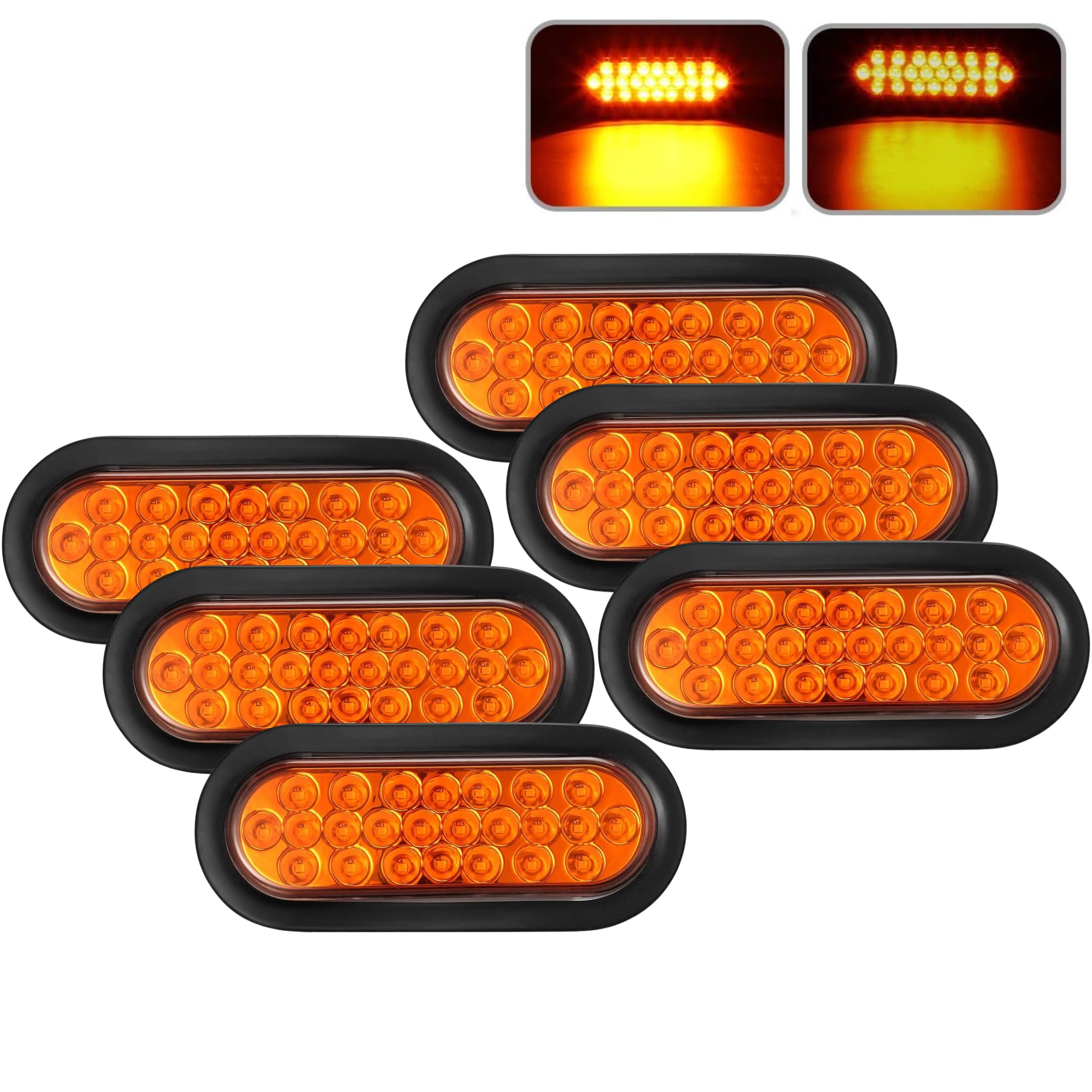 6" Inch Amber Oval 24 LED Mid Turn Tail Signal Truck Light w Rubber Grommet+3 wire Pigtail Trailer Plug - DOT/SAE Approved and Marked, Waterproof, Super Bright!