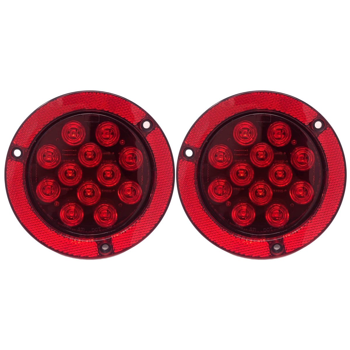 4" Inch Flange Mount Reflective Ring Bezel Red/White 12 LED Round Stop Turn Tail Reverse Backup Tail Trailer Truck Flatbed RV Camper Bus Light Kit with 3 Wire Pigtail Plug 12V