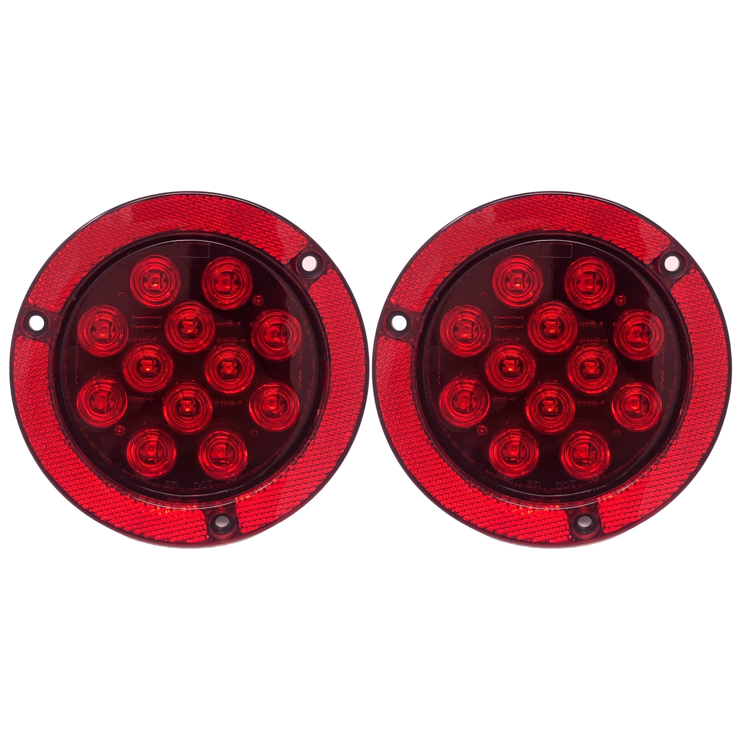 4" Inch Flange Mount Reflective Ring Bezel Red/White 12 LED Round Stop Turn Tail Reverse Backup Tail Trailer Truck Flatbed RV Camper Bus Light Kit with 3 Wire Pigtail Plug 12V