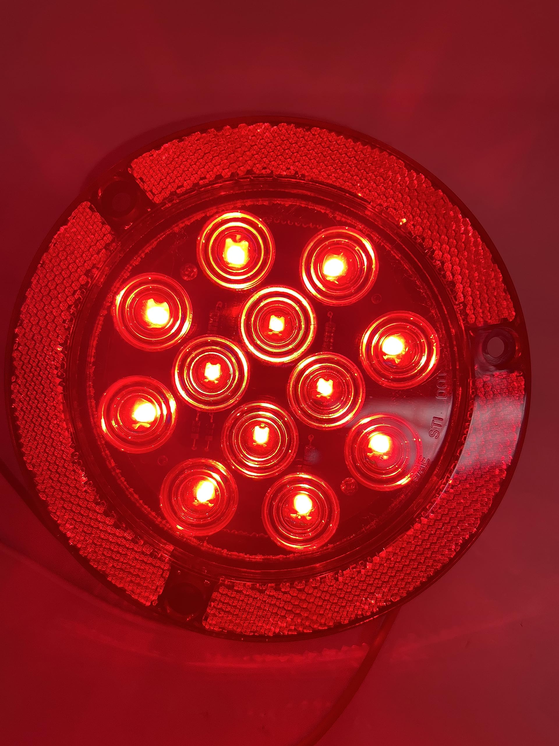 4" Inch Flange Mount Reflective Ring Bezel Red/White 12 LED Round Stop Turn Tail Reverse Backup Tail Trailer Truck Flatbed RV Camper Bus Light Kit with 3 Wire Pigtail Plug 12V